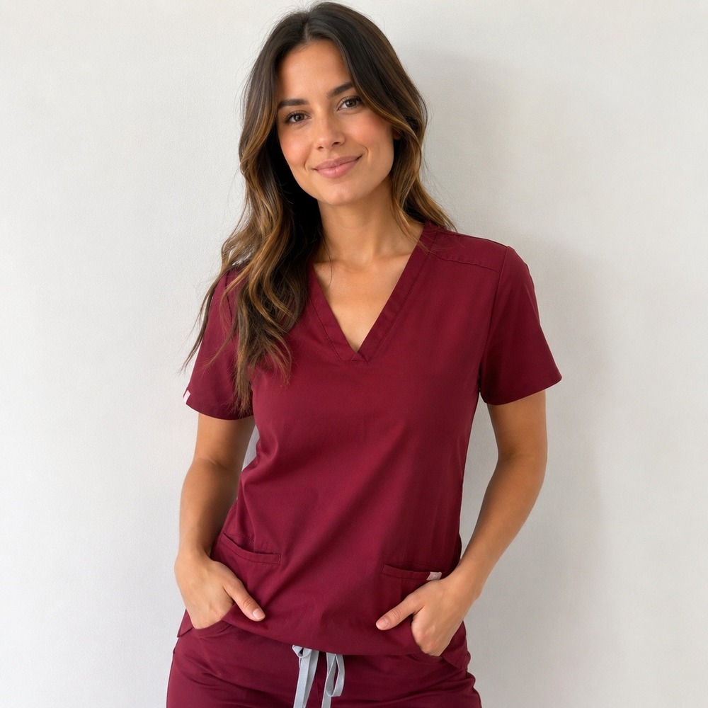 FIGS Casma 3 Pocket Scrub Top Women XL Burgundy V-Neck‎ Healthcare Uniform